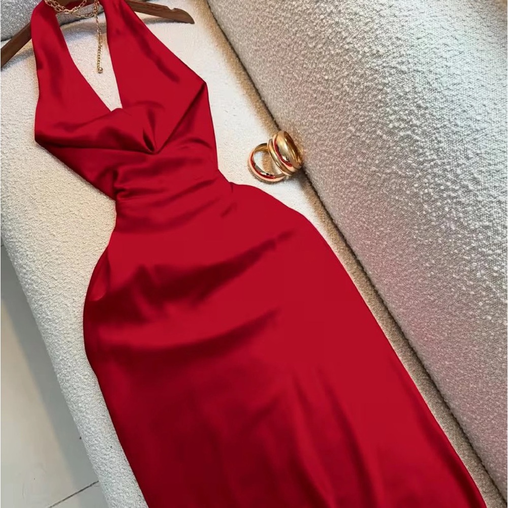 Vibrant Red Backless Halter Dress